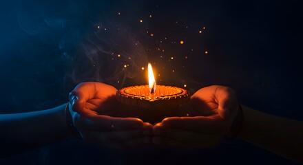 Hands holding a lit diya oil lamp with glowing embers and smoke in the dark, symbolizing hope and spirituality during festivals