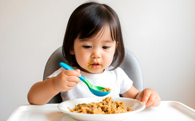 Little Girl Eating Puree in High Chair, Making a Mess