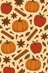 Seamless autumn pattern with pumpkins, apples, cinnamon, cloves and star anise&mdash;cozy fall background for crafts and packaging.