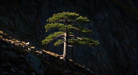 Solitary Pine Tree on Rocky Outcrop Against a Cloudy Sky
