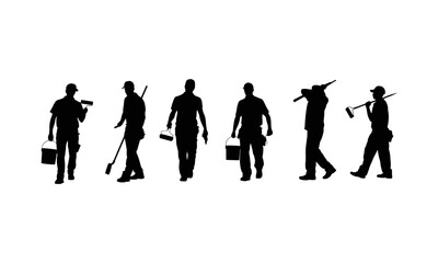 Silhouettes of professional construction workers with paint rollers, buckets, tools, walking, standing, home renovation, painting work, manual labor, handyman equipment, painting contractors