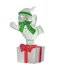 One cheerful snowman in a green scarf and hat and with a gift isolated on a white background