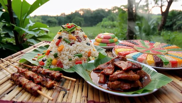 A vibrant Filipino food feast featuring pork barbecue, adobo, and fried rice served outdoors on banana leaves