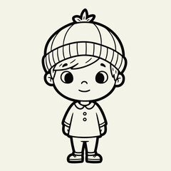 A simple black and white line drawing of a cute cartoon boy wearing a winter hat and clothes.