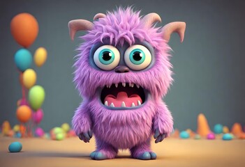 Cute Purple Monster with Balloons Background Adorable 3D cartoon character of a fluffy purple monster with expressive eyes and open mouth, standing in front of a colorful balloon backdrop.