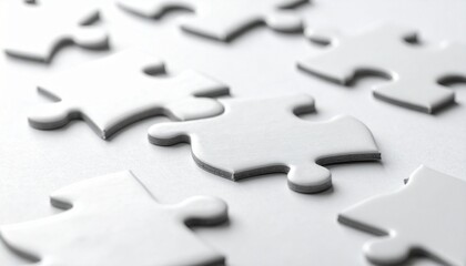 Obraz premium Scattered white jigsaw puzzle pieces overlapping on flat surface with soft shadows