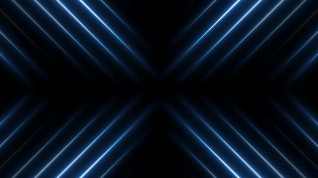Abstract techno background with glowing blue neon light stripes forming an X cross shape. Useable for abstract neon background, seamless loop lights, blue neon X, futuristic glowing lines.