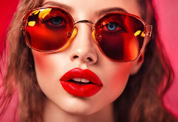 Fashion Portrait of Woman in Red Sunglasses and Red Lips Close-up portrait of a stylish woman wearing oversized red-tinted sunglasses and bold red lipstick.