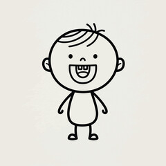 A simple, charming black and white line drawing of a happy baby with a wide, toothy grin.