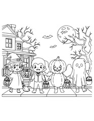 Halloween coloring page vector illustration of children in costumes carrying candy buckets while trick-or-treating at night vector illustration of coloring page