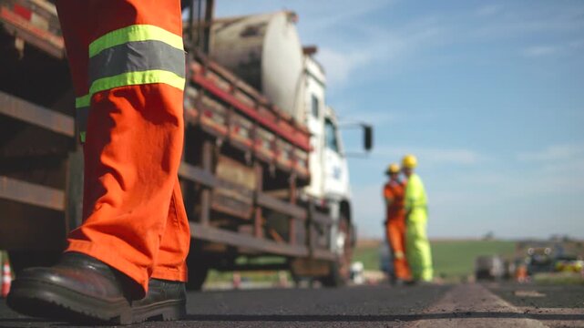 Workers Operating Machinery Applying Asphalt on Road Construction