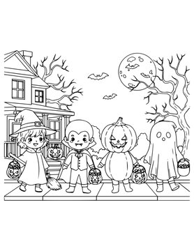 halloween kids trick or treating black and white clip art preview