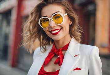 Stylish Woman in Yellow Sunglasses Smiling Outdoors Happy young woman wearing trendy yellow sunglasses and a white blazer with a red scarf. Captured in an urban outdoor setting