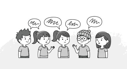 Five cartoon children, two boys and three girls, engaging in a lively conversation with speech bubbles above their heads, depicted in a simple black and white illustration.