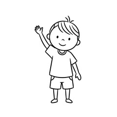 Outlined illustration of a boy waving, wearing a t-shirt and shorts.