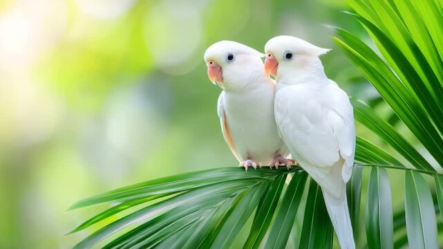 Two white birds perched on a green palm leaf in a vibrant nature setting during daylight