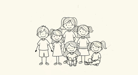 Illustration of a group of children, smiling and standing together, in a line.