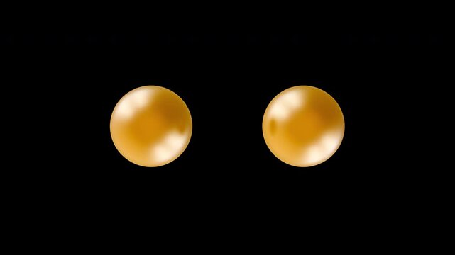 3D animation of merging or unification of two golden spheres, atoms or molecules into one whole. Abstract motion element for medicine, science, healthcare with alpha matte channel.