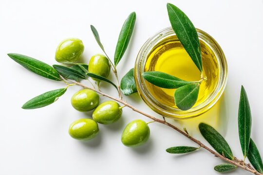 Olive Oil Elixir: A close-up, artistic arrangement of fresh green olives and a glass jar of golden olive oil, complemented by verdant olive leaves.
