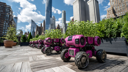 in bustling modern city sophisticated robots are assembling modular greenhouses on rooftop spaces