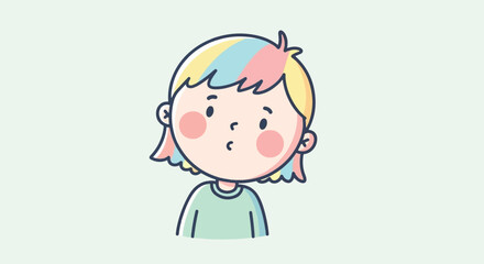 A cute cartoon illustration of a child with colorful pastel hair and rosy cheeks.