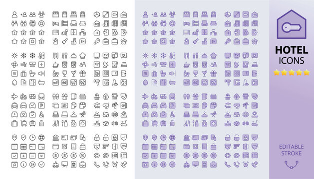 Hotel icon collection - line and duotone style. Hotel management and services, rental property, room booking, hostel, inn, guest house, home rent UI icons for website and app with editable stroke.