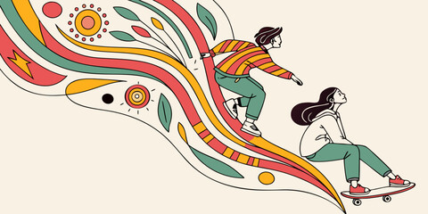 People skateboarding with colorful abstract organic shapes and nature elements