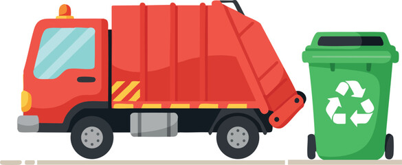 Fototapeta premium Garbage truck with green recycling bin waste management and environmental cleaning vector illustration