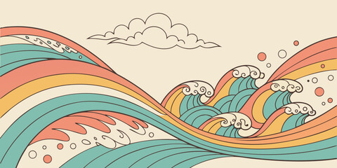 Stylized colorful wave and cloud illustration with retro color palette