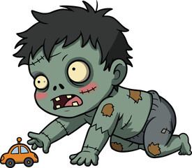 Creepy baby zombie crawling on floor, playing with toy car, cartoon undead infant character in torn clothes, Halloween illustration design