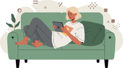 Woman Relaxing on Green Sofa Using Tablet in Casual Home Setting Digital Vector Illustration