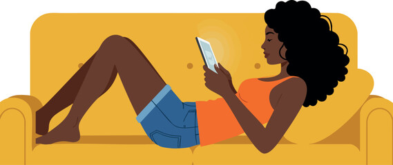 Woman relaxing on sofa reading tablet digital device at home casual lifestyle vector illustration