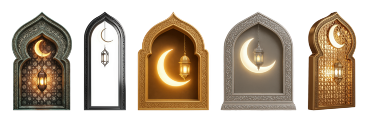 Ornate Islamic arch set including golden, silver, and dark frames with glowing moons and lanterns isolated. Ramadan, Eid, and cultural decoration elements.
