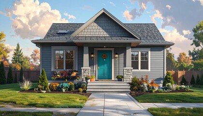 A charming, modern house with a teal front door, nestled in a well-maintained yard under a partly cloudy sky, showcases autumnal foliage and a serene suburban atmosphere.