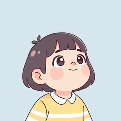 A cute cartoon illustration of a young girl with short dark hair looking upwards with a smile.