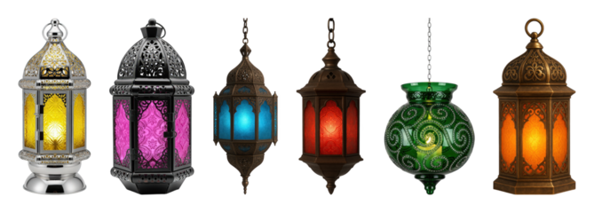 Decorative lantern set including silver, black, bronze, and multi-colored illuminated glass styles isolated. Cultural celebration and home decor collection.