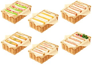 Six assorted sandwiches, neatly arranged in individual woven baskets, showcasing various fillings and layers.