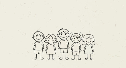 A charming hand-drawn illustration of five smiling children standing together in a row on a textured background.
