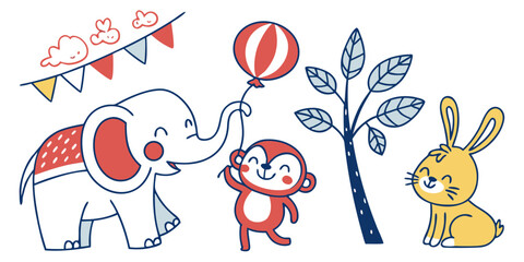Cute cartoon elephant, monkey, and rabbit with balloon