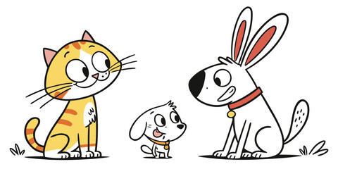Fototapeta premium Cute cartoon cat, small dog, and big dog sitting together