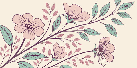 Delicate floral branch with pink flowers and green leaf