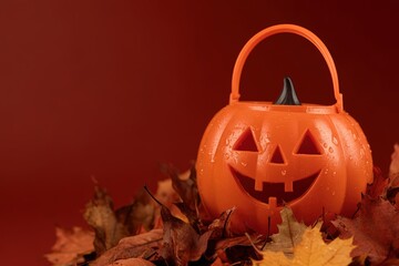 An orange jack-o'-lantern bucket sits amongst autumn leaves against a deep red backdrop.