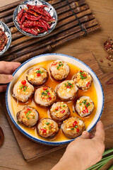 Teppanyaki Stuffed Mushrooms with Garlic Vermicelli in Savory Broth - Asian Cuisine