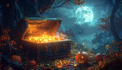 A dark, enchanting autumnal scene showcasing a treasure chest overflowing with glowing gold, beneath a luminous moon.