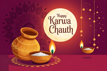 Happy karwa chauth festival greeting with traditional indian pottery, diyas, and offerings