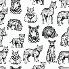 Obraz premium Diverse animals pattern featuring tigers, cats, and zebra in detailed linework, seamless pattern, royalty free stock.
