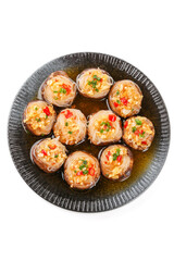 Teppanyaki Stuffed Mushrooms with Garlic Vermicelli and Peppers on Cast Iron Plate
