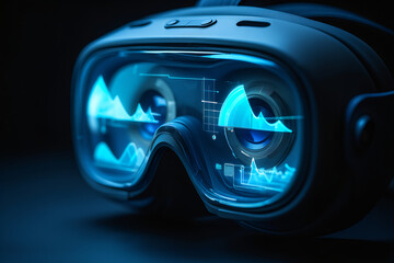 Futuristic virtual reality headset with glowing blue digital data stream