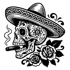 Sugar skull with sombrero and cigar, day of the dead