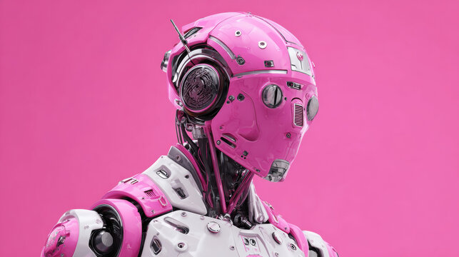 Futuristic humanoid robot in pink and white armor standing against solid pink background, concept of modern technology, ai innovation, cybernetic design